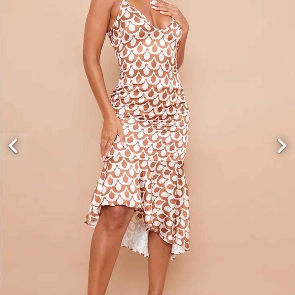 PrettyLittleThing Brown and Cream High Low Slip Dress